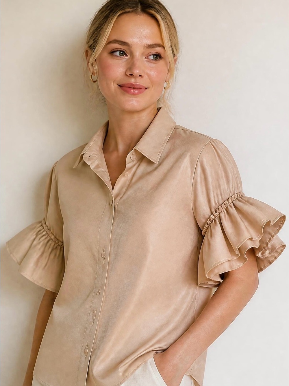 Marc New York Women’s Ruffle-Sleeve Button Front Top in Beige